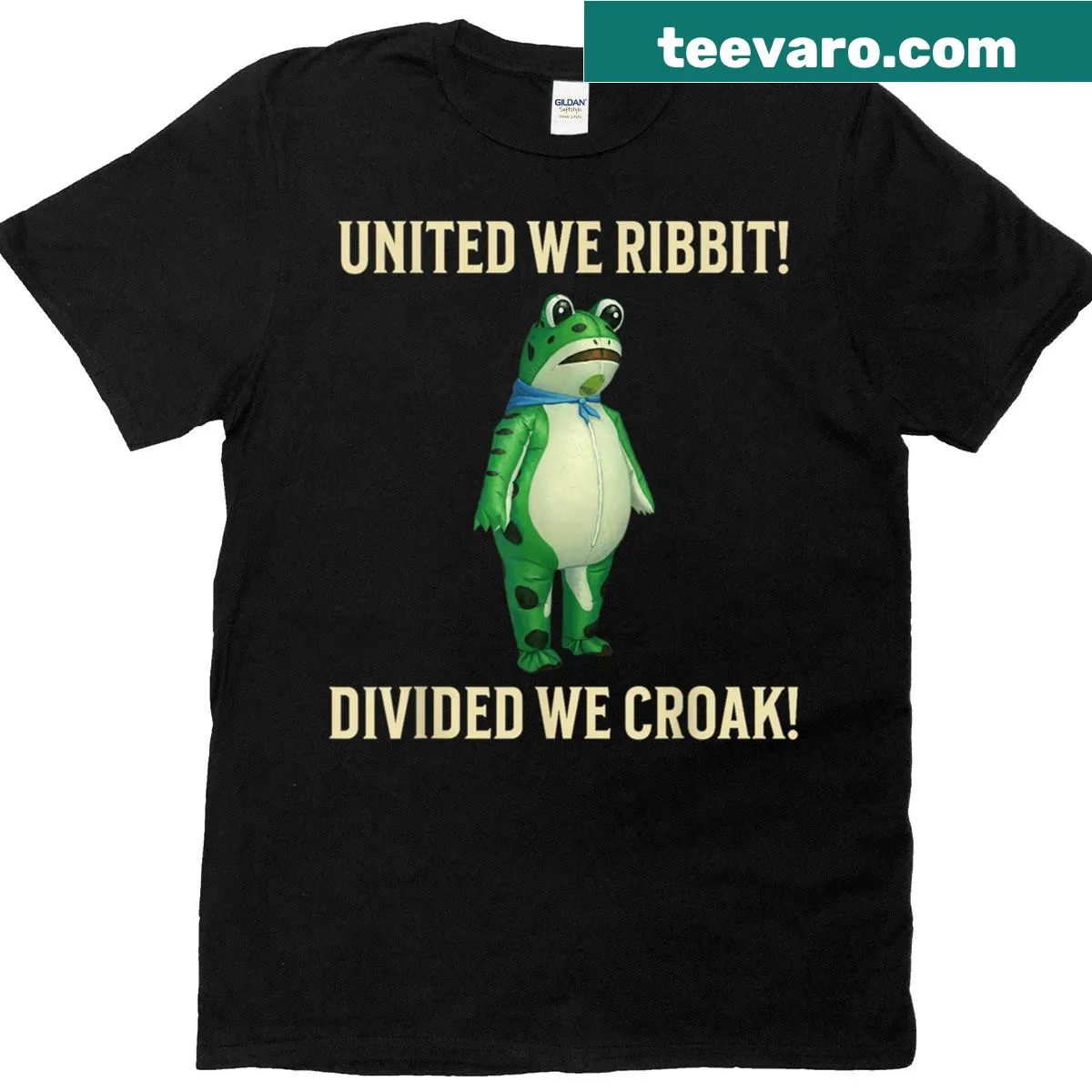 Playful frog-themed t-shirt with 'United We Ribbit' text — on a men's t-shirt