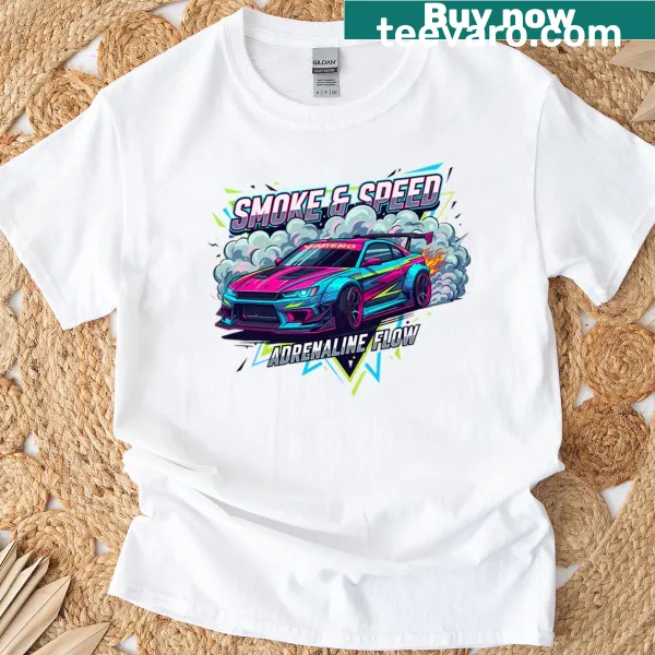 Dynamic smoke graphic on speed-themed T-shirt