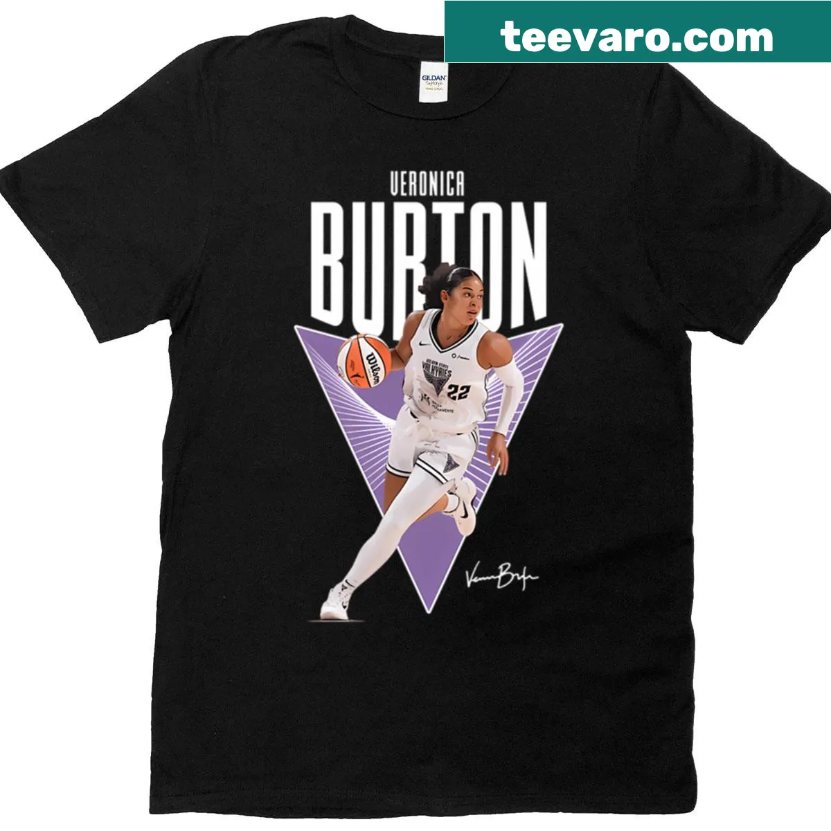 Golden State Valkyries logo T-shirt featuring Veronica Burton illustration — on a men's t-shirt