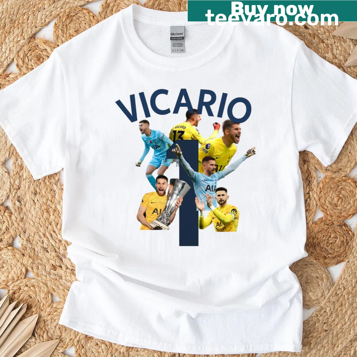 Dynamic football print featuring Vicario 1 on Spurs t-shirt — on a men's t-shirt