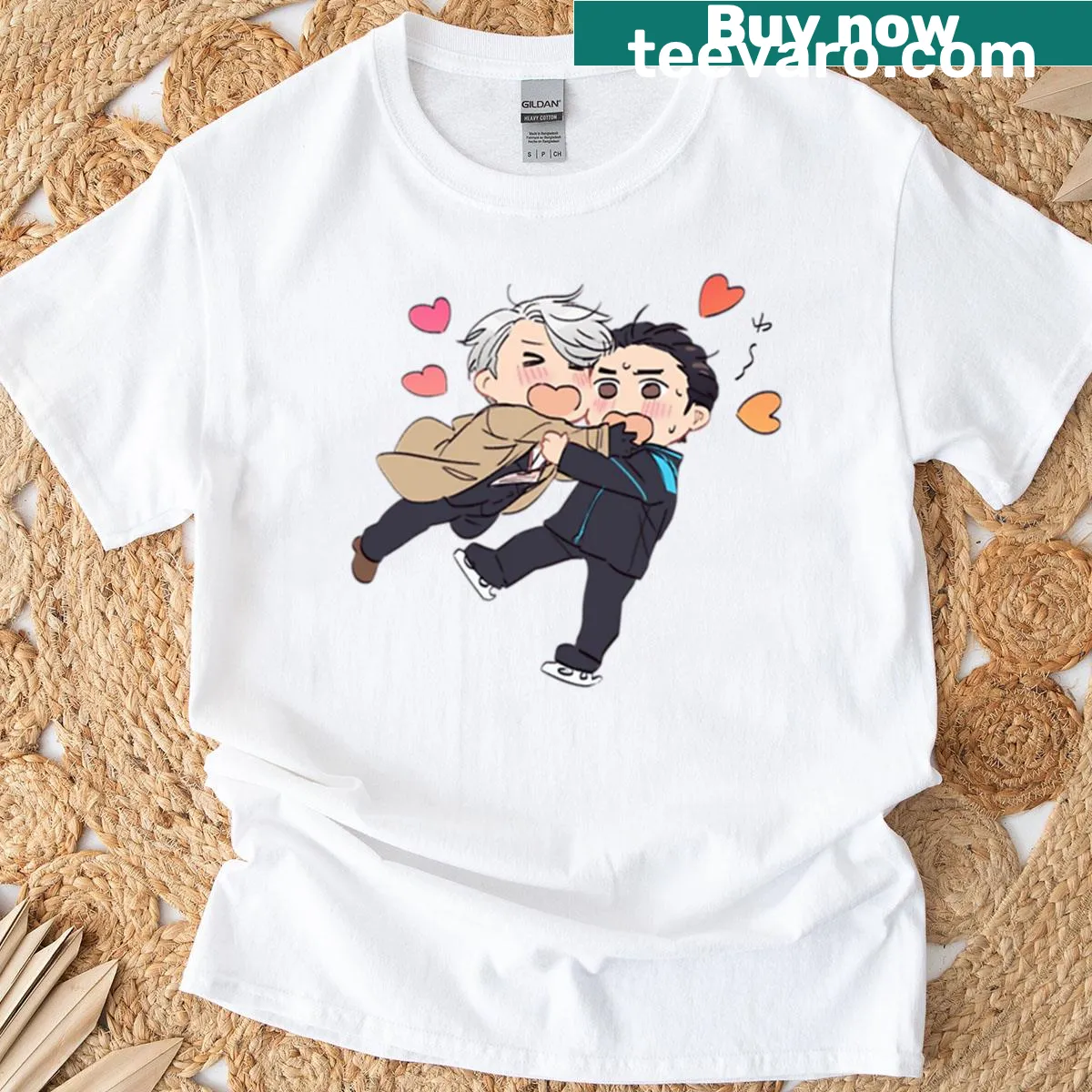 Illustration of Victor and Yuri ice skaters in a romantic moment — on a men's t-shirt