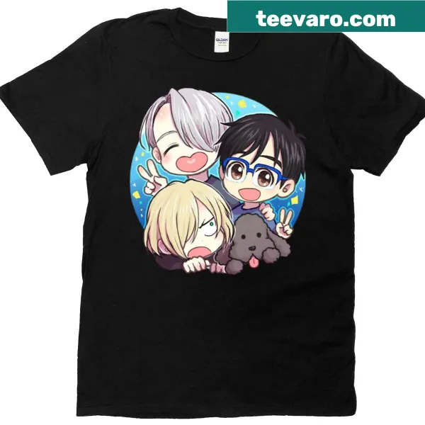 Anime T-shirt featuring Victor, Yuri, Yurio, and Makkachin