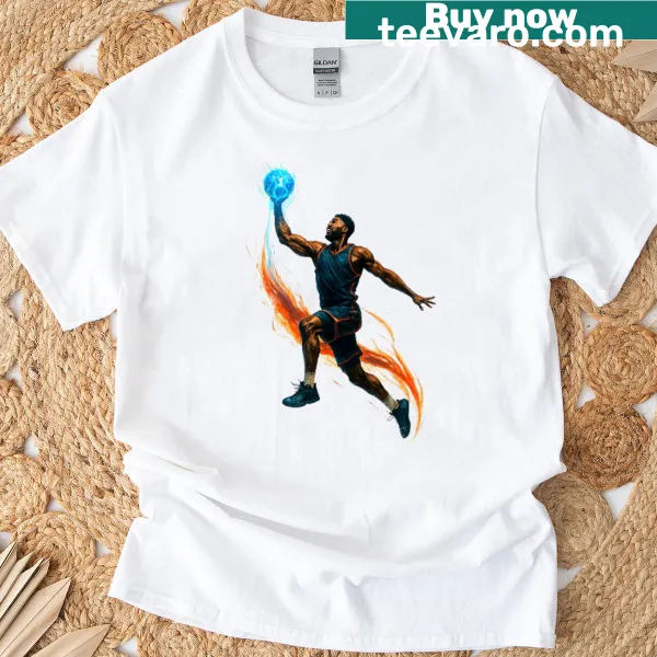Dynamic basketball graphic with flame design on T-shirt