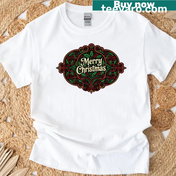 Vintage Merry Christmas T-shirt with holly leaves