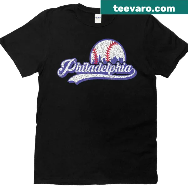 Vintage Philadelphia baseball skyline graphic on a T-shirt.