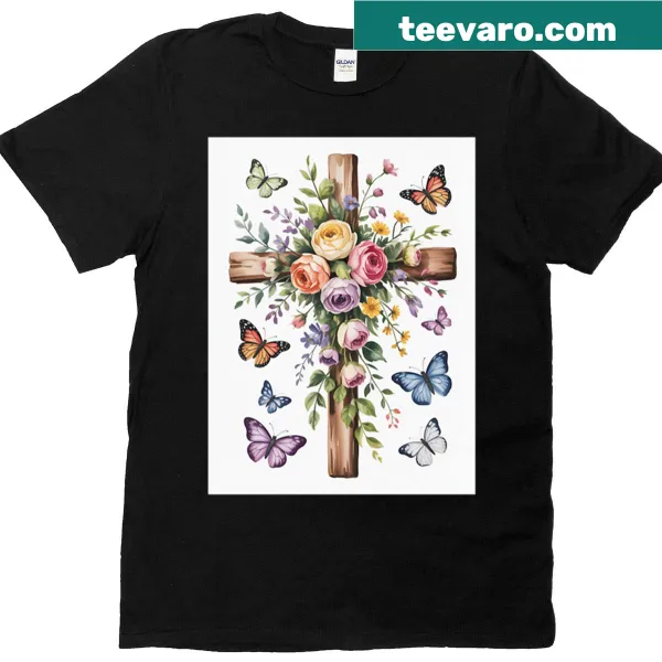 Watercolor design of flowers, butterflies, and rustic cross