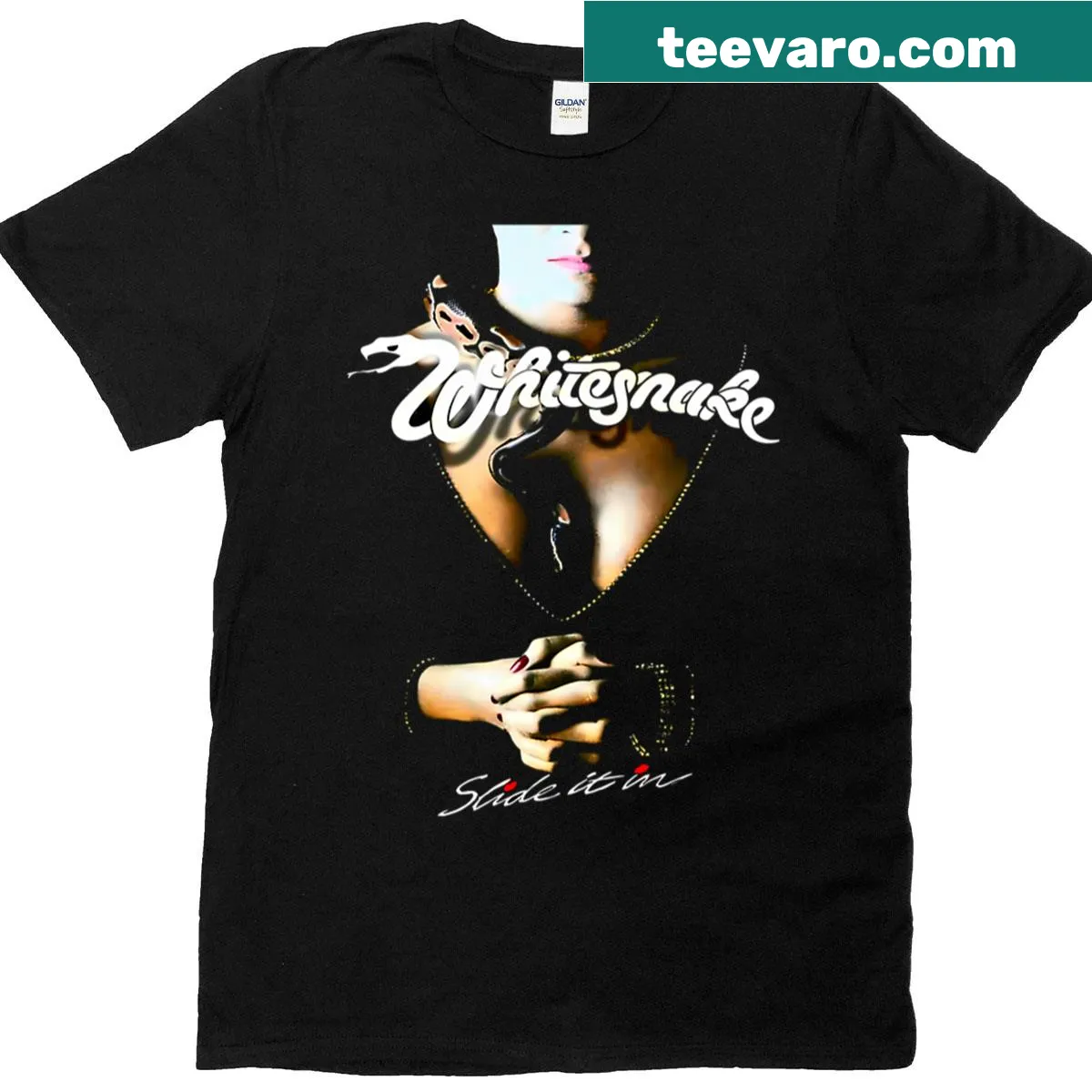 Whitesnake logo T-shirt featuring a bold typographic design — on a men's t-shirt