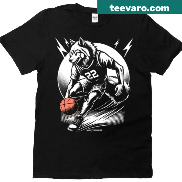 Basketball-themed t-shirt featuring wolves playing hoops