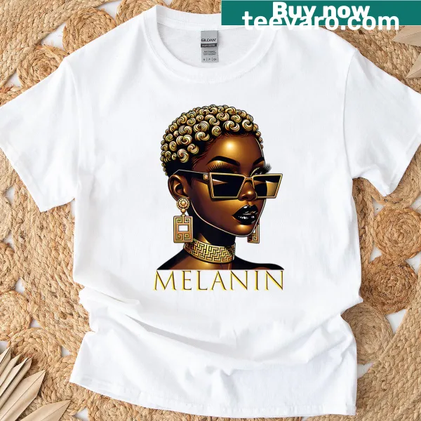 Empowering women's T-shirt with 'Gold Queen' text celebrating melanin.