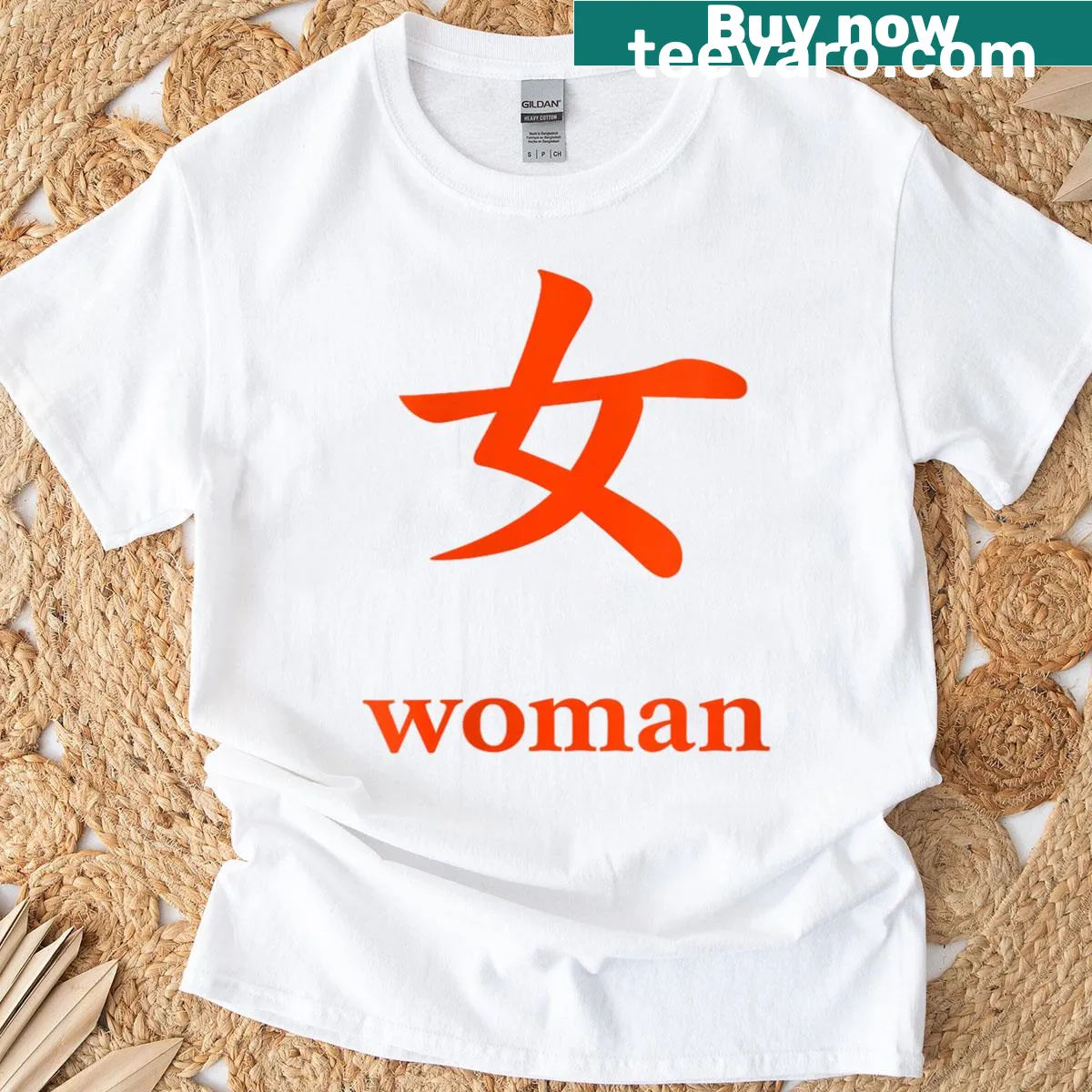 T-shirt featuring red Hanzi calligraphy symbol for woman — on a men's t-shirt