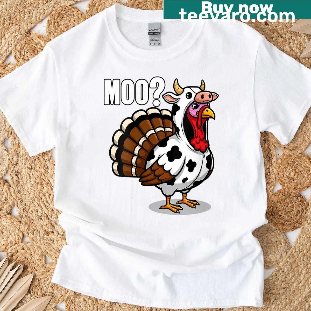 Cartoon turkey disguised as a brindled cow for Thanksgiving — on a men's t-shirt