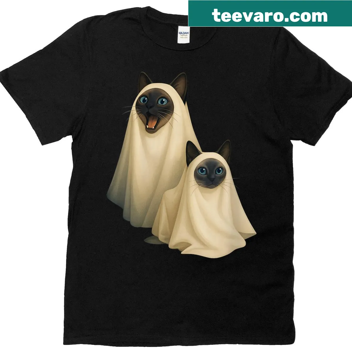 Cartoon of a ghost Siamese cat in a funny Halloween design. — on a men's t-shirt