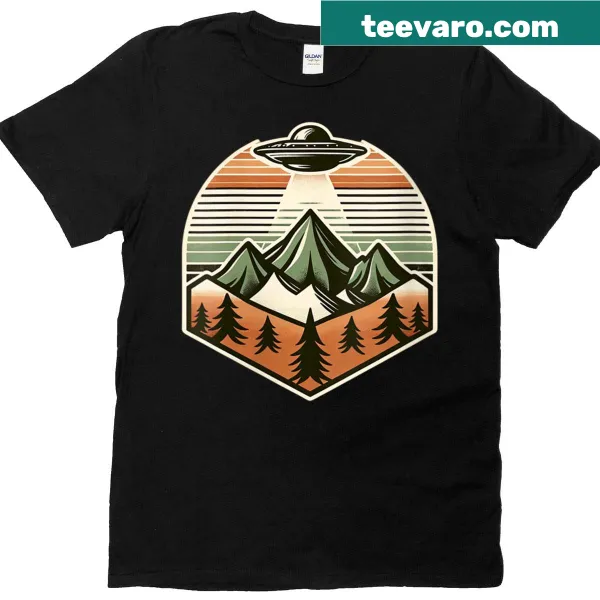 UFO and mountain themed T-shirt with playful design