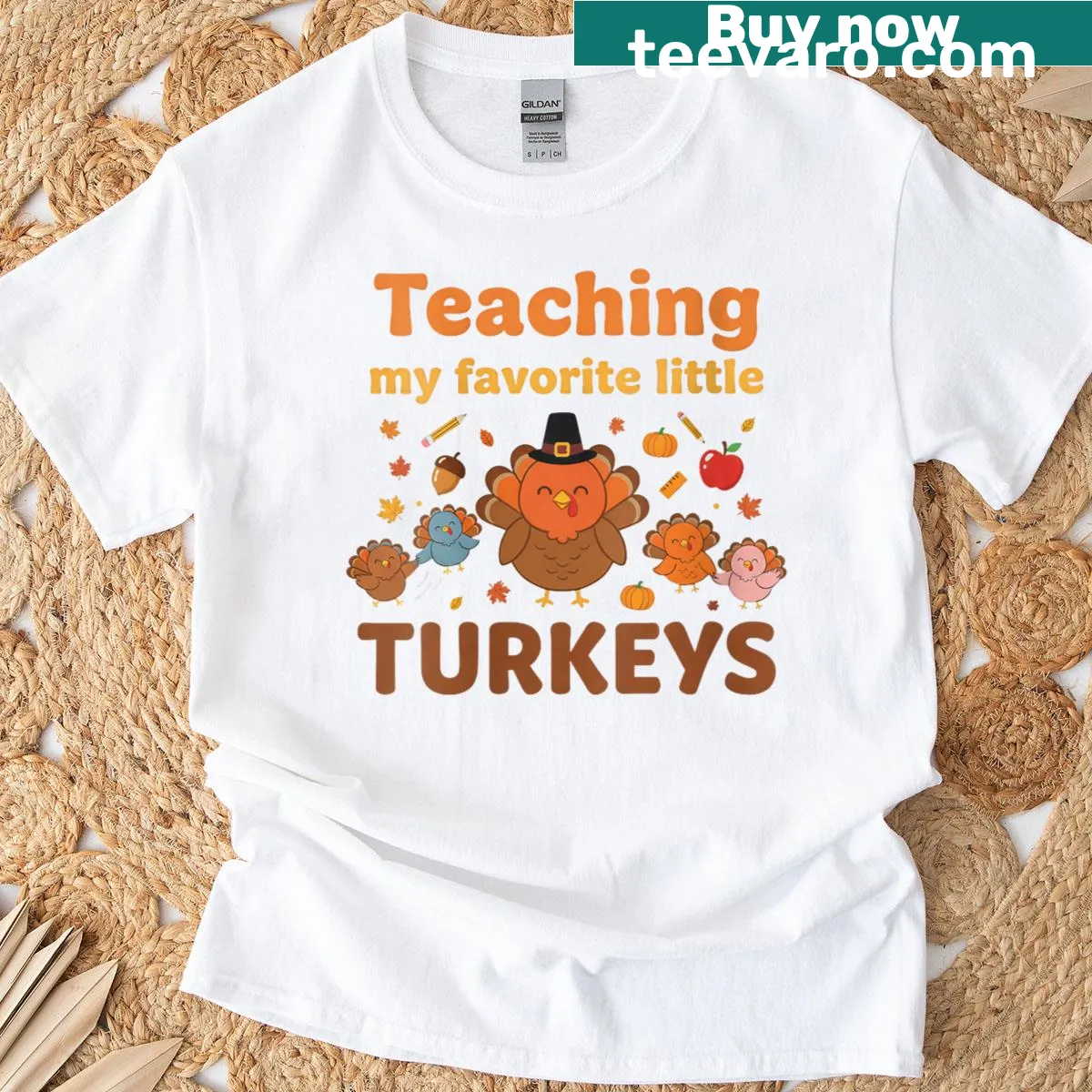 Cute turkey illustration with 'Teaching My Favorite Little Turkeys' text — on a men's t-shirt