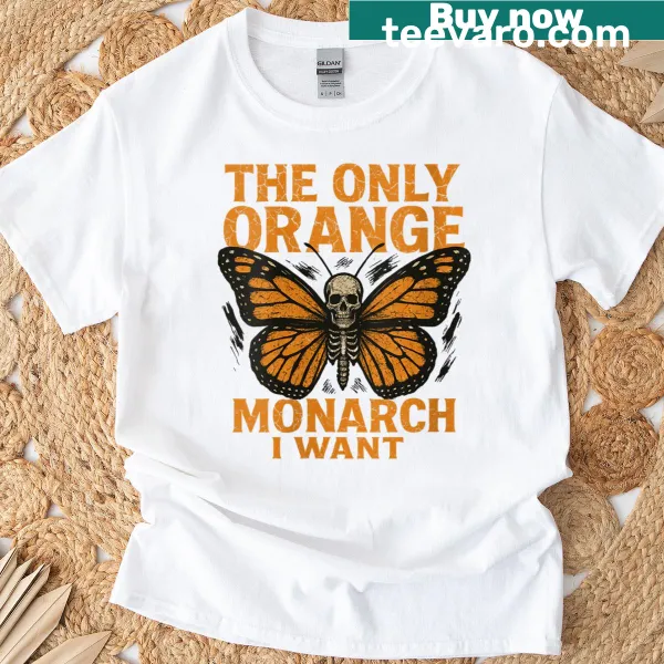 Goth grunge style orange monarch butterfly on women's t-shirt