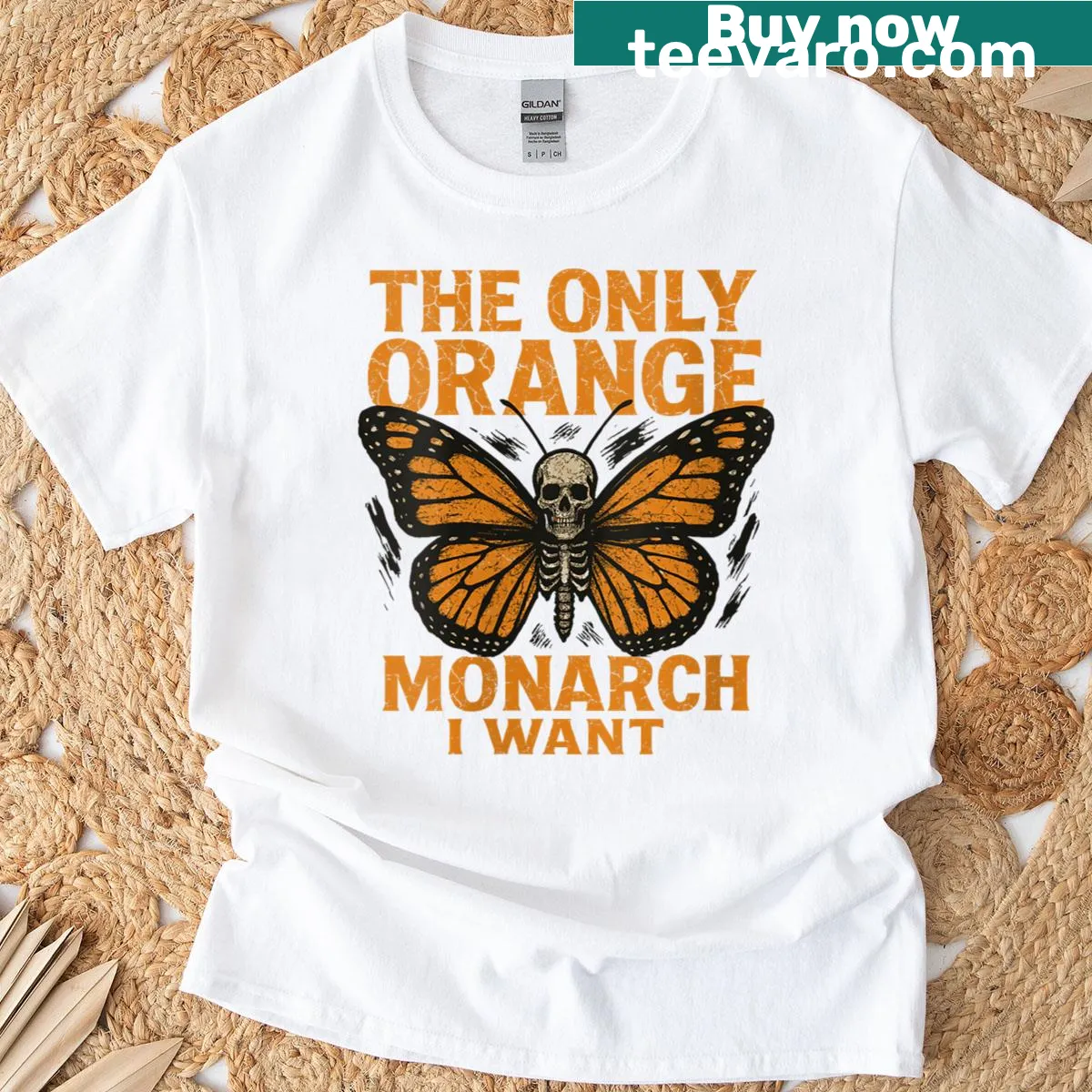Goth grunge style orange monarch butterfly on women's t-shirt — on a men's t-shirt