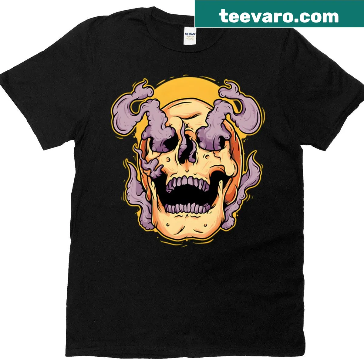 Yellow smoke skull illustration on a t-shirt — on a men's t-shirt