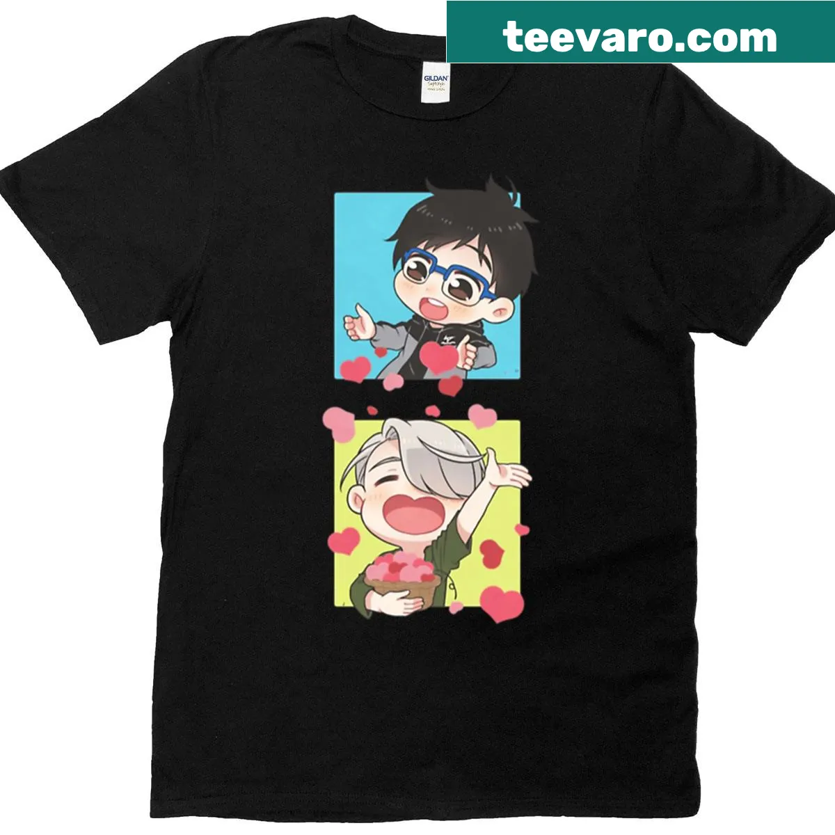 Chibi graphic of Yuri and Victor sharing a sweet moment on t-shirt — on a men's t-shirt