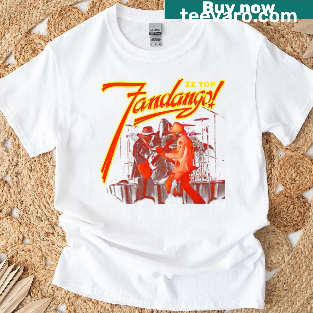 Vintage-style T-shirt celebrating ZZ Top with nostalgic band graphic. — on a men's t-shirt