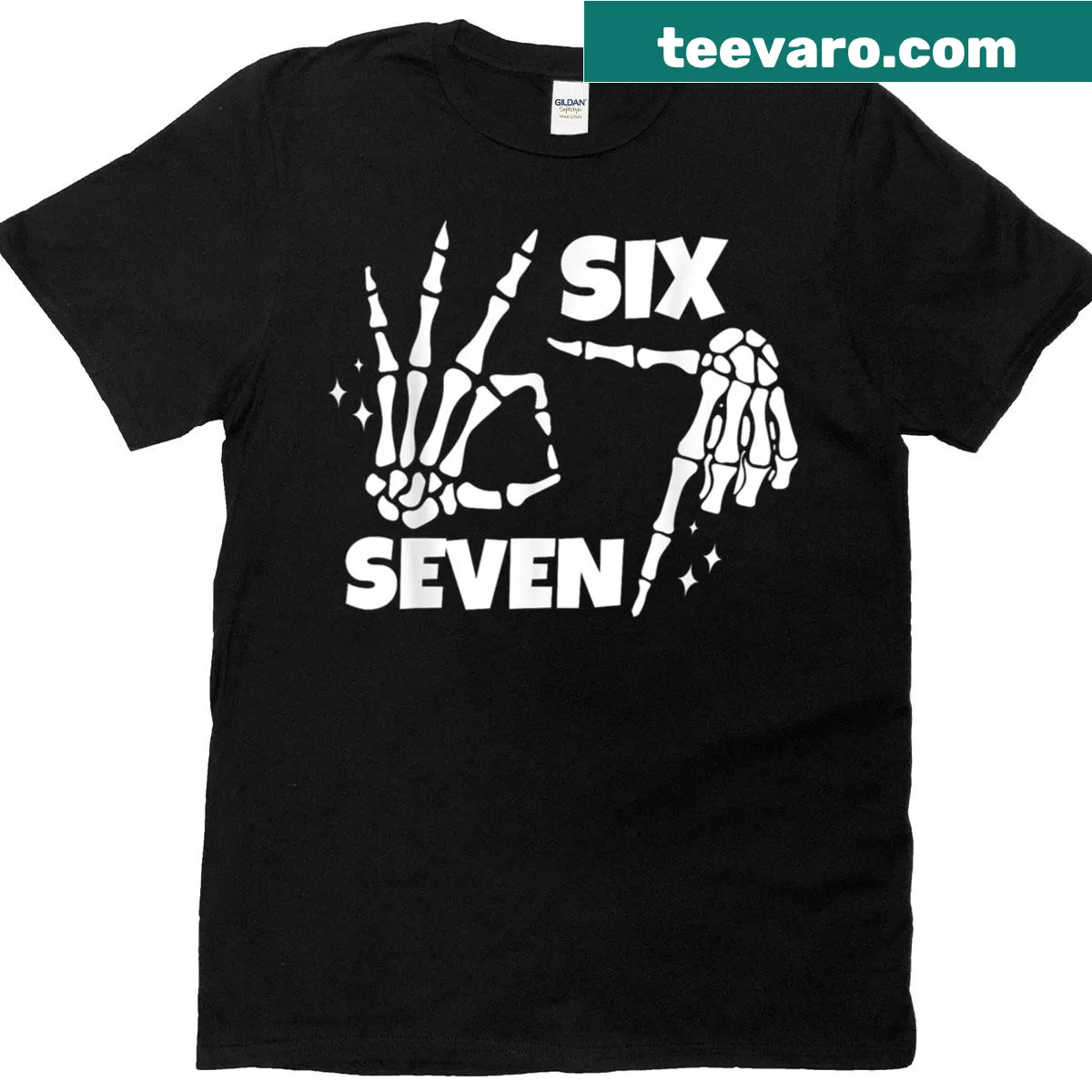 Funny t-shirt with skeleton hands and the numbers 6 and 7 for Halloween couples — on a men's t-shirt