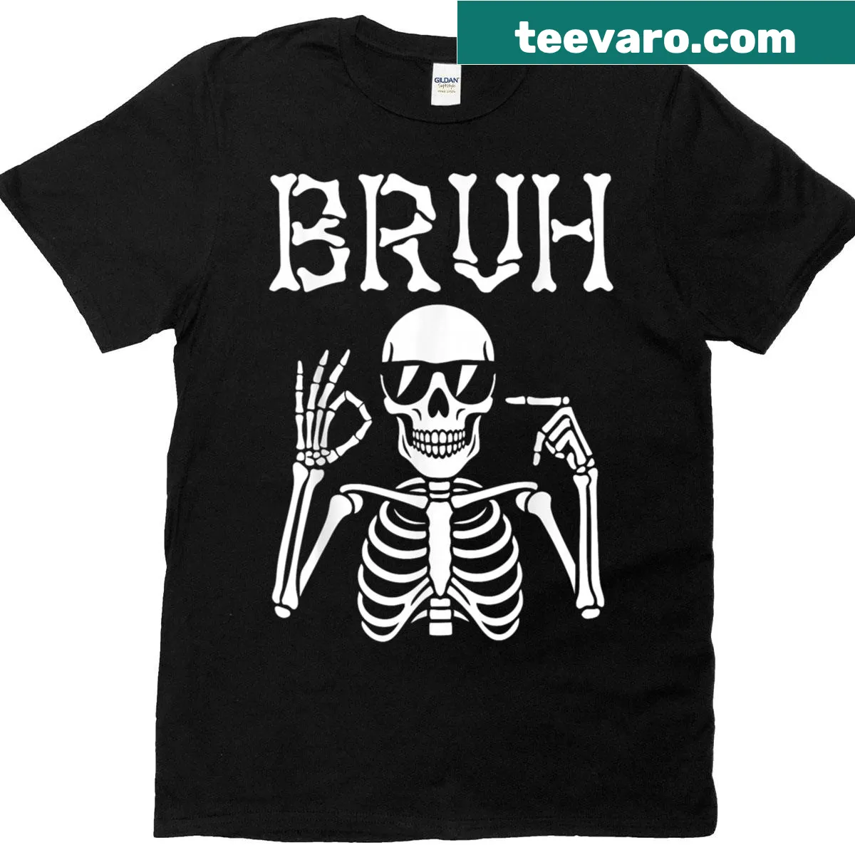 Skeleton hand graphic with the text 'Bruh' for Halloween — on a men's t-shirt