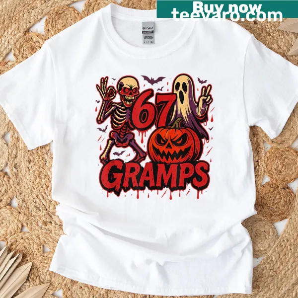 Funny Halloween-themed T-shirt with skeleton and ghost illustrations