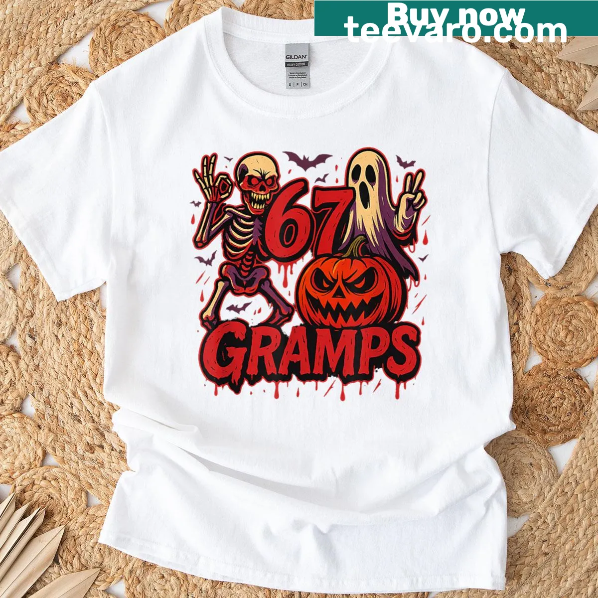 Funny Halloween-themed T-shirt with skeleton and ghost illustrations — on a men's t-shirt