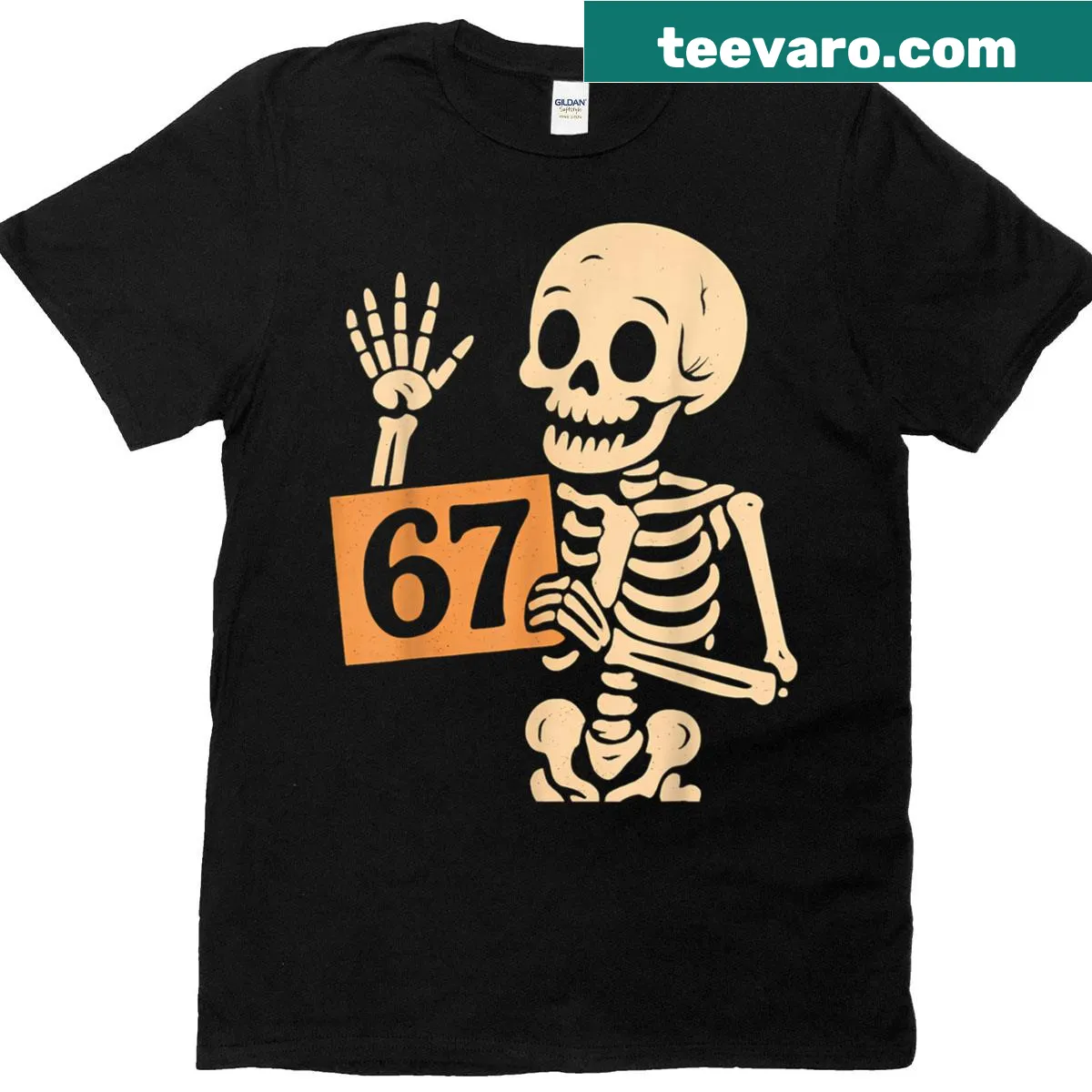 Funny Halloween t-shirt with a cartoon skeleton and the number 67 — on a men's t-shirt