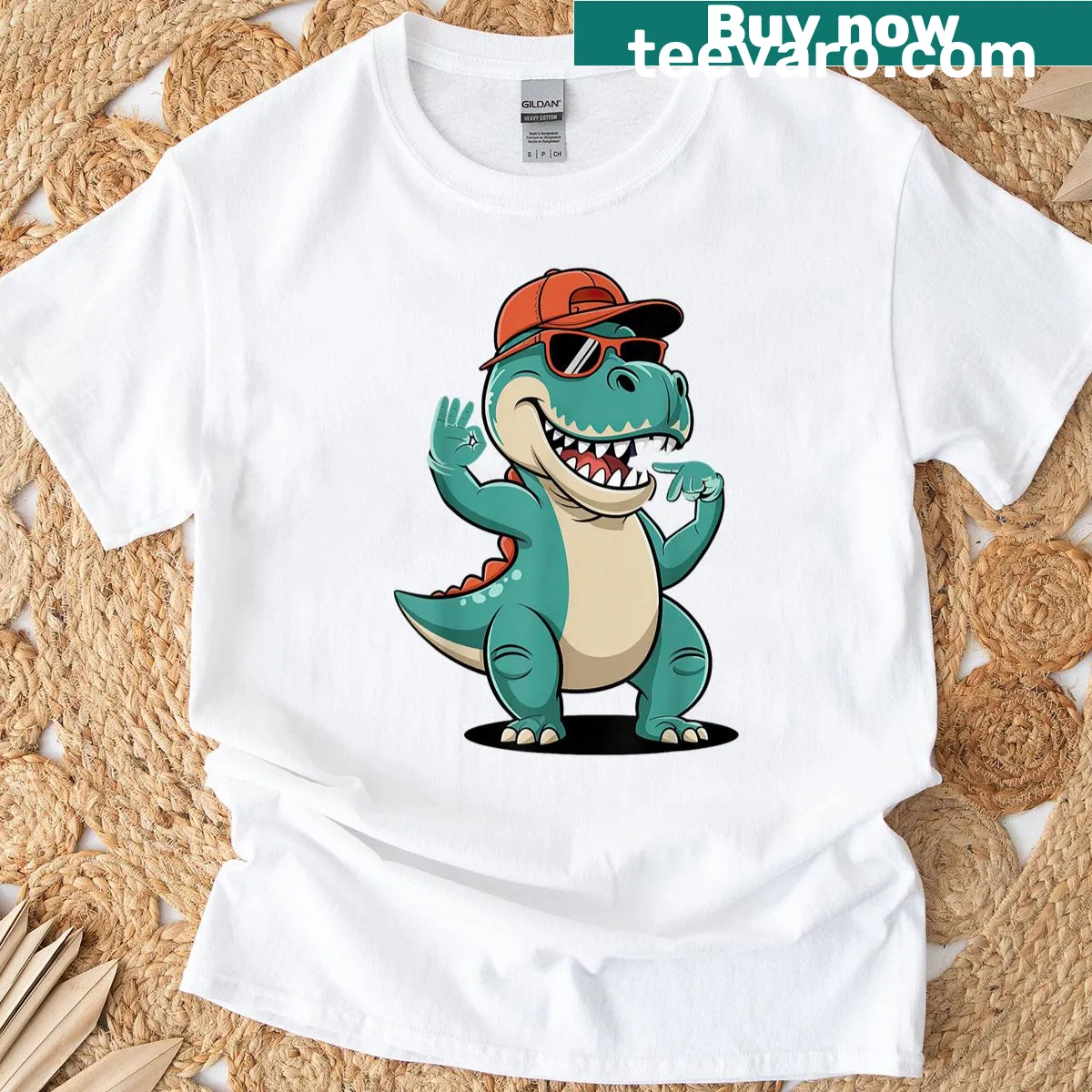 Funny T-rex graphic T-shirt featuring meme-inspired design — on a men's t-shirt