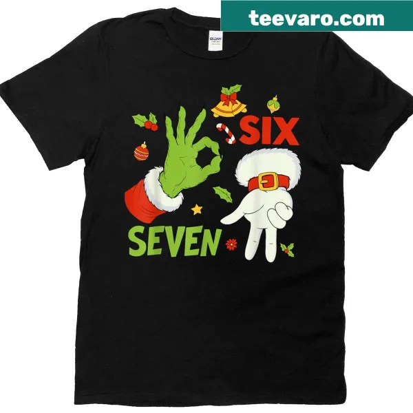 Cartoon Santa hand gesture in Christmas meme style on a t-shirt.