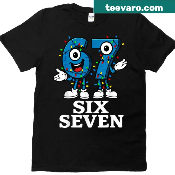 Funny kids' t-shirt with Christmas lights and the phrase '67 Six Seven 6-7'
