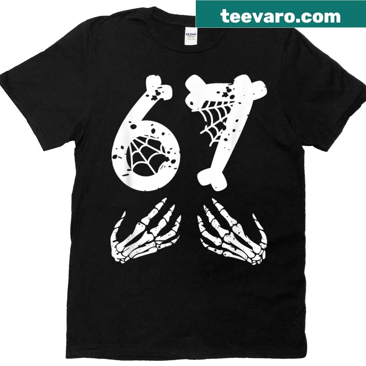 Funny Halloween t-shirt with a cartoon skeleton hand and number 67 — on a men's t-shirt
