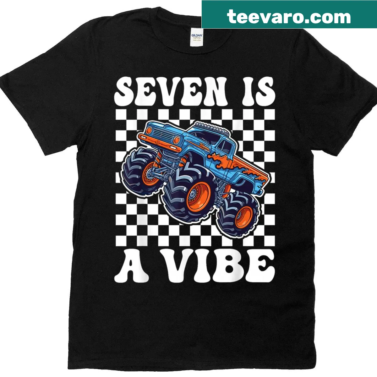 Monster truck t-shirt for 7 year old birthday celebration — on a men's t-shirt