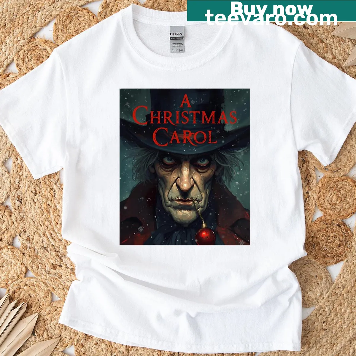T-shirt featuring artwork inspired by A Christmas Carol by Charles Dickens — on a men's t-shirt