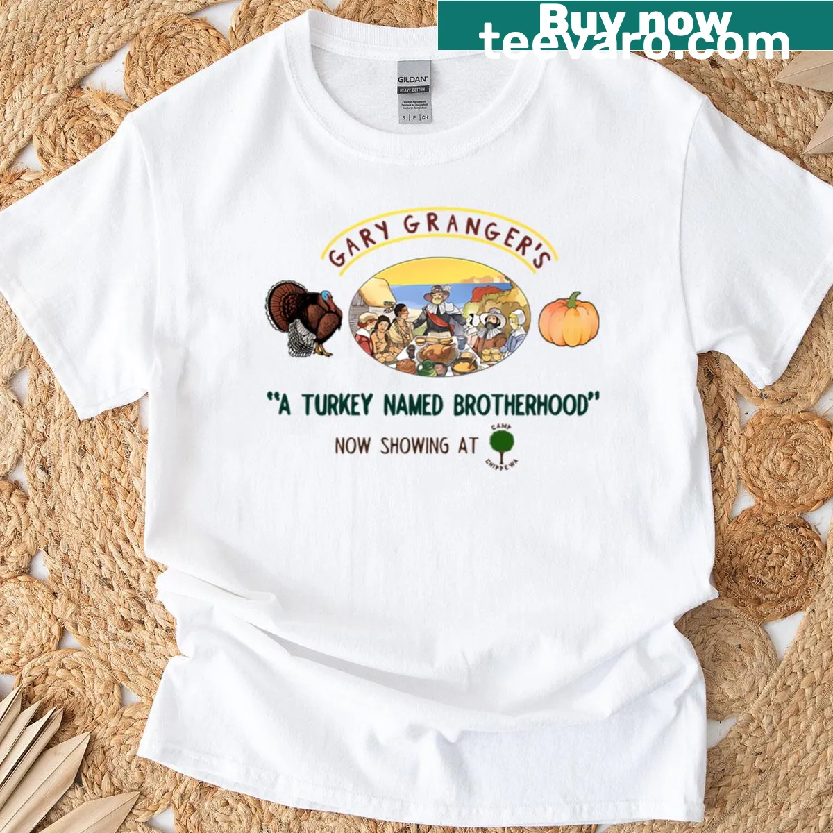 Cartoon design of turkey named Brotherhood from Addams Family Values — on a men's t-shirt