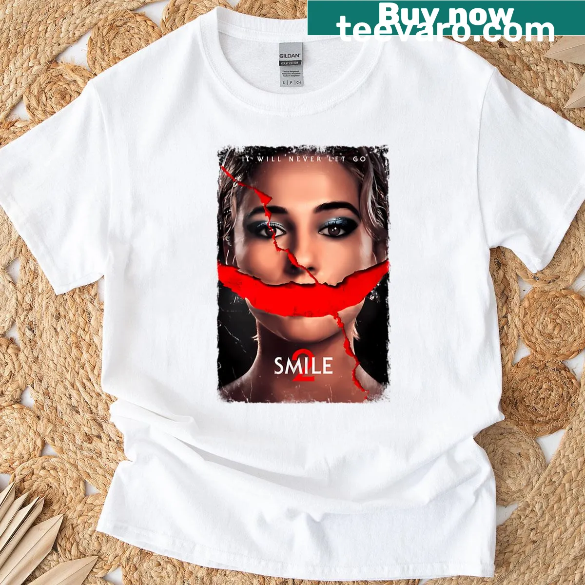 Playful T-shirt merging smiles with horror movie elements — on a men's t-shirt