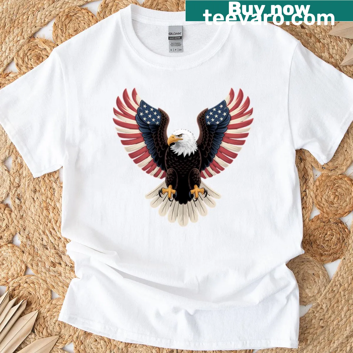 Illustration of bald eagle with American flag — on a men's t-shirt