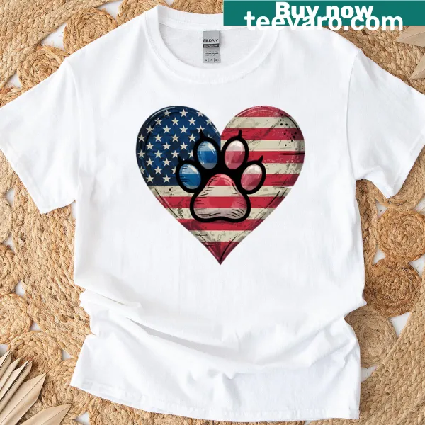 T-shirt featuring an American flag heart and paw print design