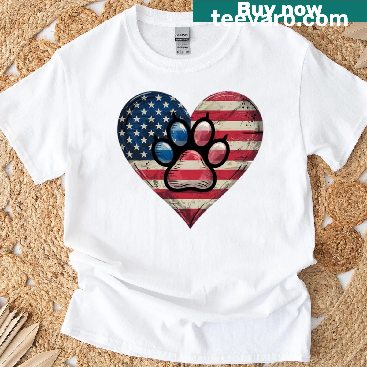 T-shirt featuring an American flag heart and paw print design — on a men's t-shirt