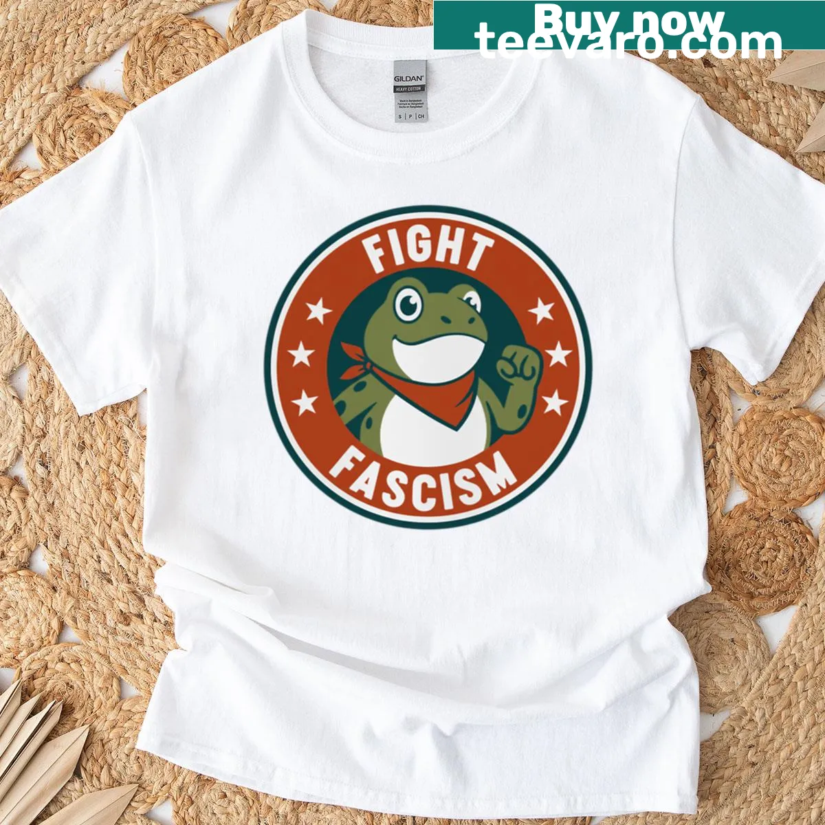 Graphic T-shirt featuring a frog and the phrase 'Resist Frog Fight Fascism' — on a men's t-shirt