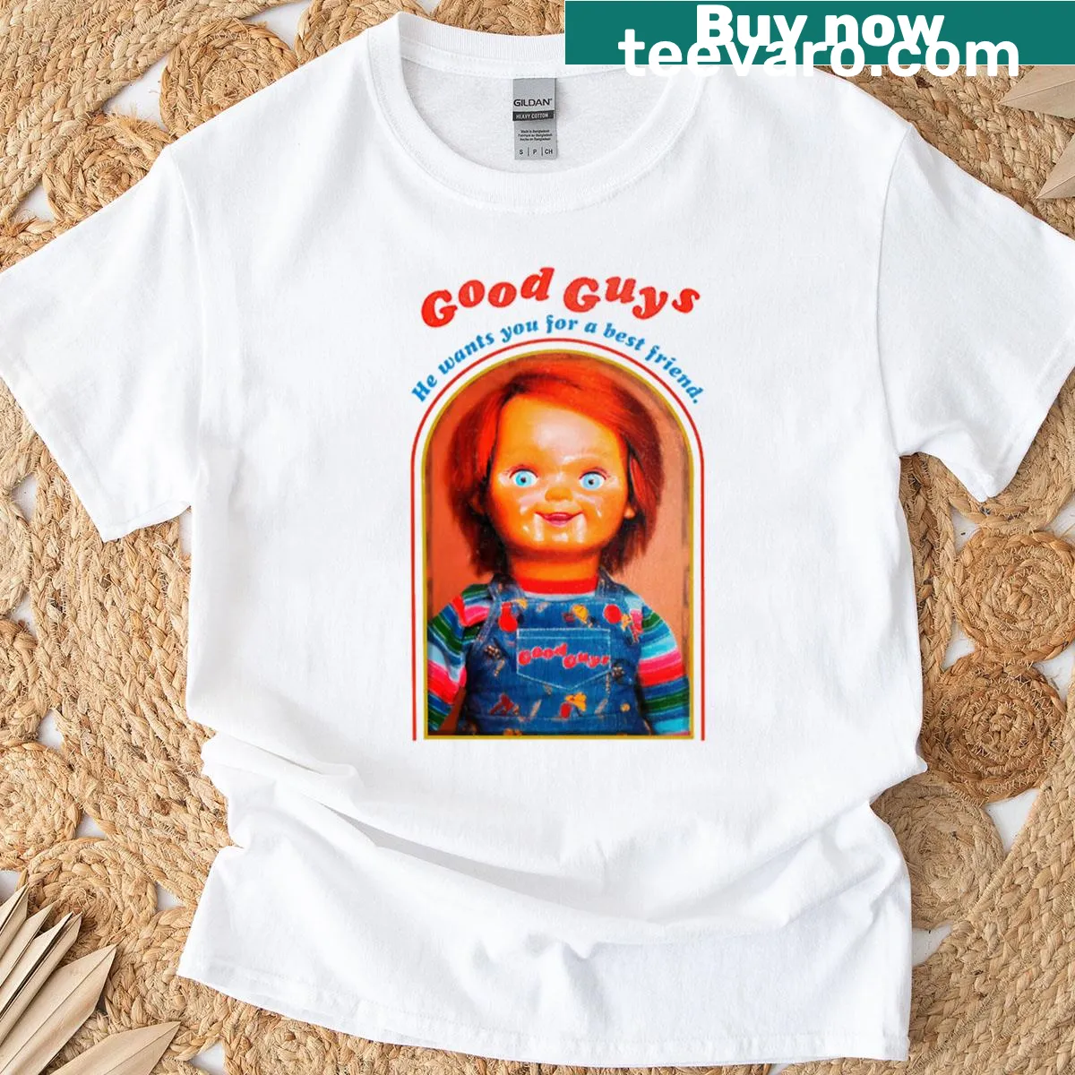 Childs Play horror t-shirt featuring iconic imagery — on a men's t-shirt