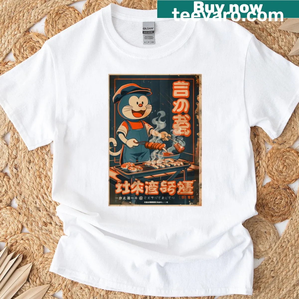 Illustrative Doraemon graphic on a casual T-shirt — on a men's t-shirt