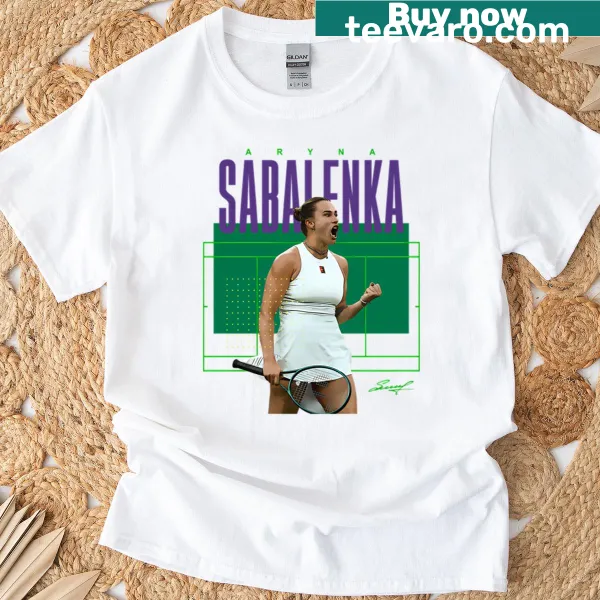 T-shirt celebrating Aryna Sabalenka with dynamic tennis graphics