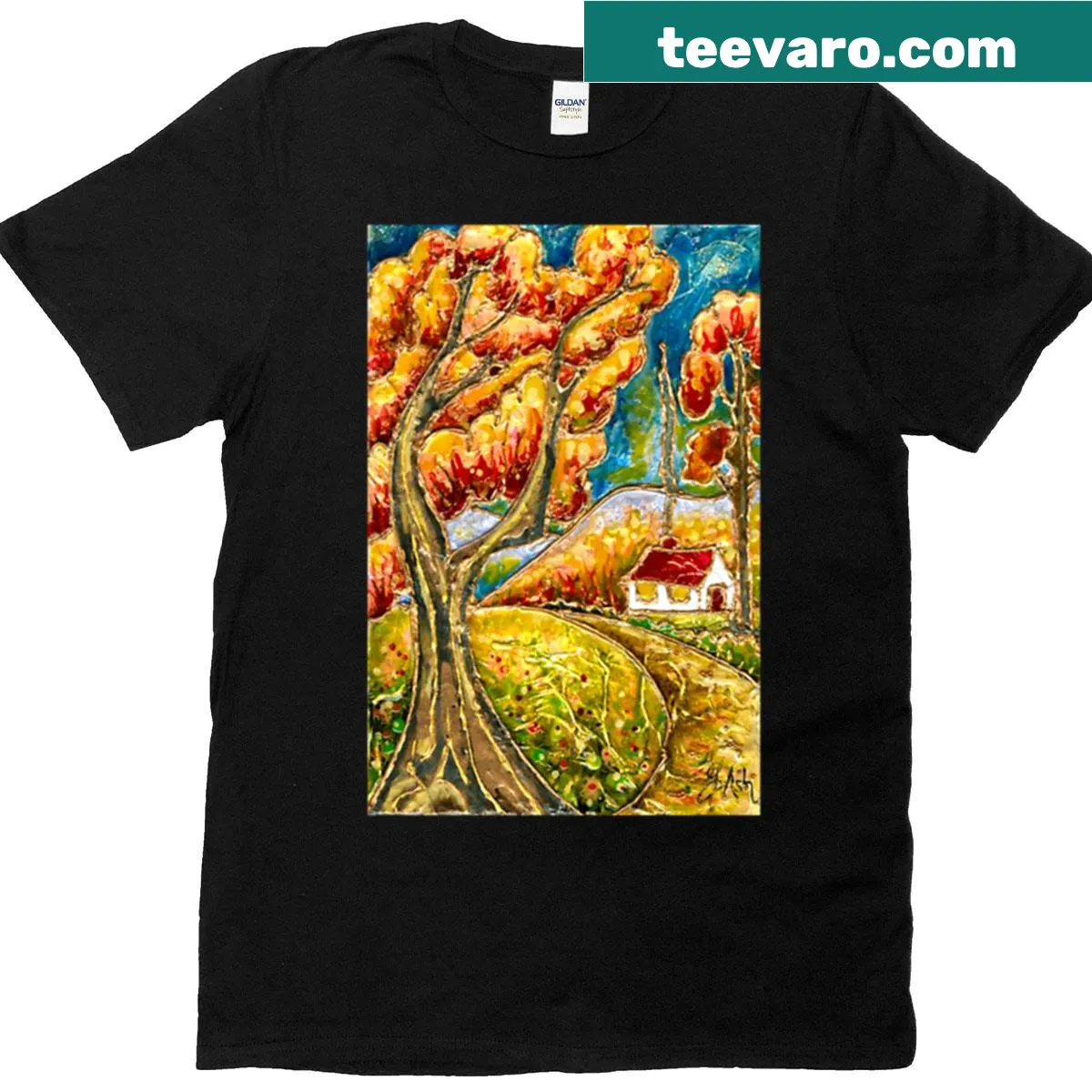 Illustrated autumn scene T-shirt featuring trees and foliage — on a men's t-shirt