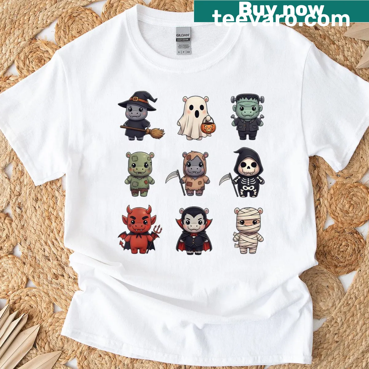 Cute baby hippo ghost zombie witch graphic for kids' Halloween shirt — on a men's t-shirt