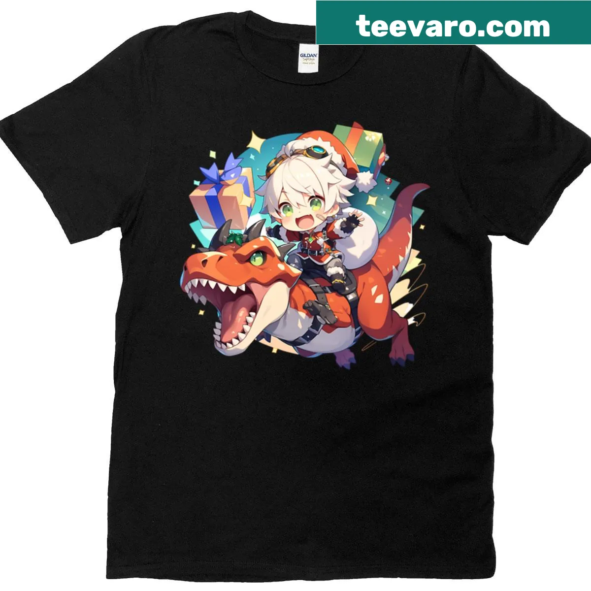 Chibi dinosaur design on a festive T-shirt — on a men's t-shirt