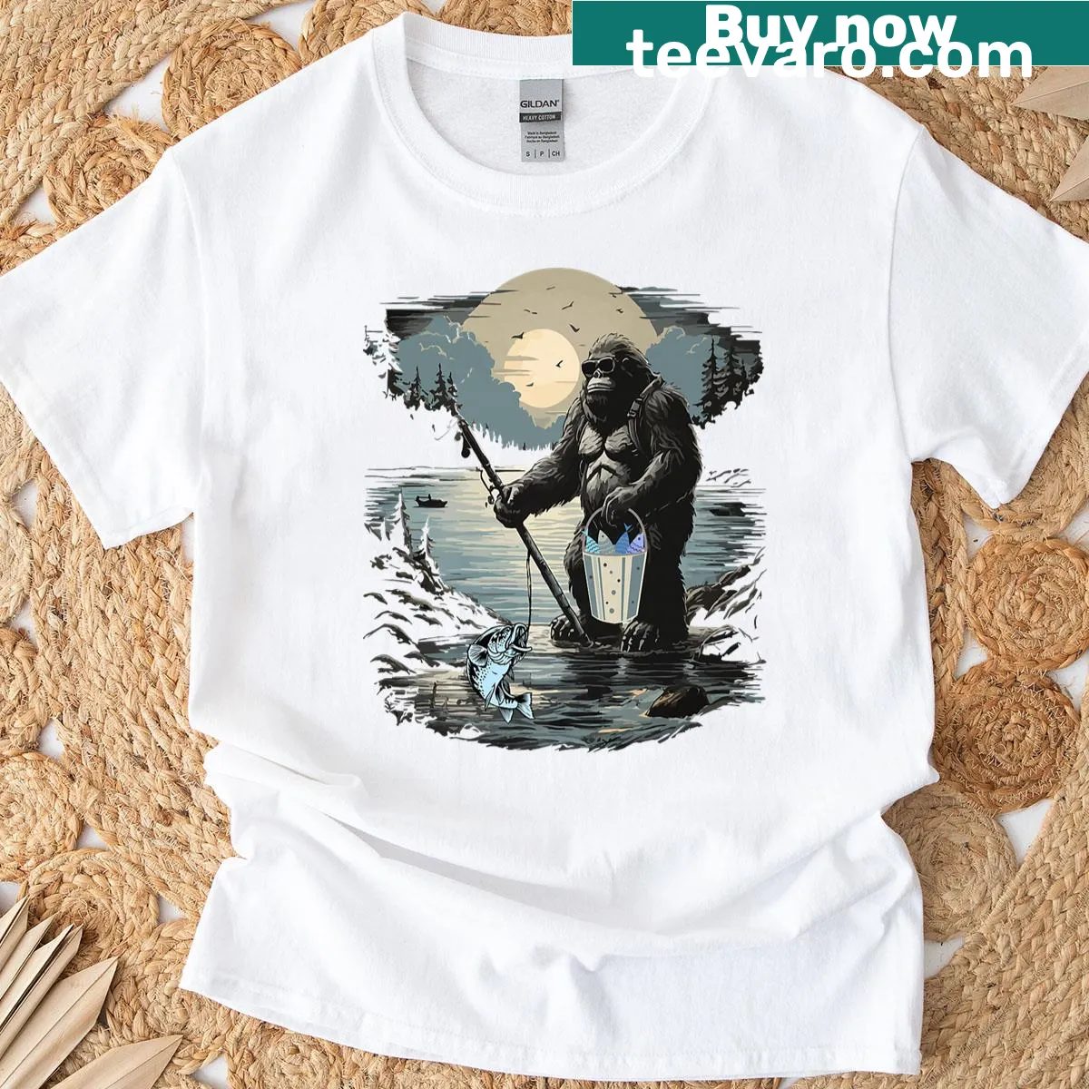 Bigfoot fishing graphic t-shirt for outdoor lovers — on a men's t-shirt