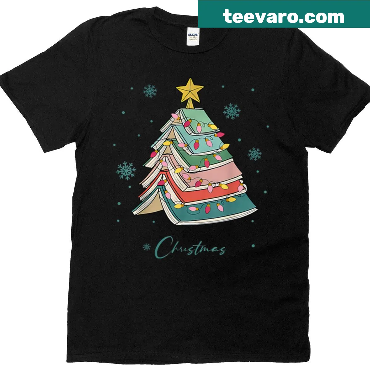 Books Christmas tree design t-shirt for book lovers — on a men's t-shirt