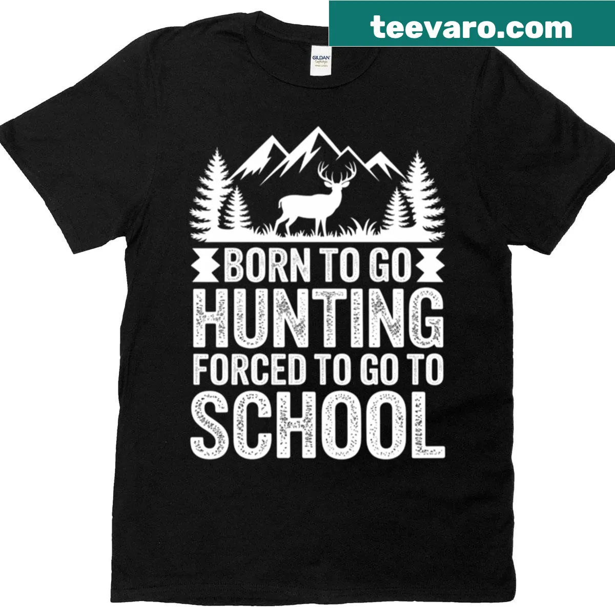 Playful kids t-shirt about hunting vs. school featuring deer graphics. — on a men's t-shirt