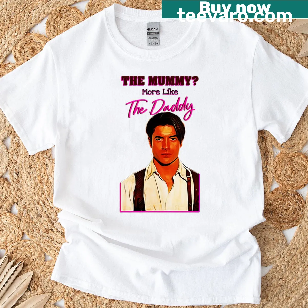 Playful T-shirt featuring Brendan Fraser with humorous text — on a men's t-shirt